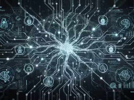 A glowing, futuristic digital neural network with abstract AI agent icons and data points, symbolizing advanced AI development and testing. - Foto: über boerse-global.de