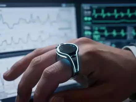 Ein futuristischer, ringförmiger Blutdruckmonitor an einem Finger, mit unscharfen medizinischen Daten im Hintergrund. - Foto: über boerse-global.de