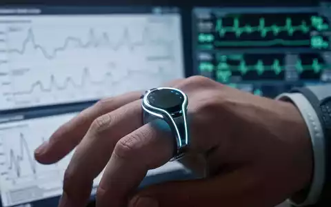 Ein futuristischer, ringförmiger Blutdruckmonitor an einem Finger, mit unscharfen medizinischen Daten im Hintergrund. - Foto: über boerse-global.de