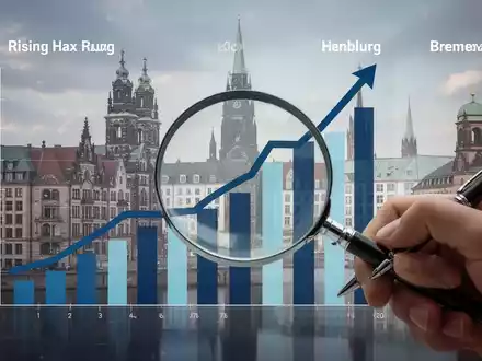 Eine stilisierte Darstellung von steigenden Steuersätzen, mit Stadtsilhouetten von Hamburg, Berlin und Bremen im Hintergrund und einer Hand, die eine Steuererklärung ausfüllt. - Foto: über boerse-global.de