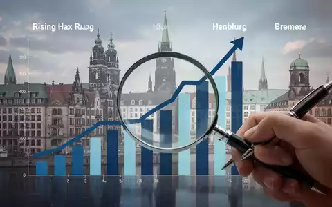 Eine stilisierte Darstellung von steigenden Steuersätzen, mit Stadtsilhouetten von Hamburg, Berlin und Bremen im Hintergrund und einer Hand, die eine Steuererklärung ausfüllt. - Foto: über boerse-global.de