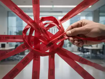 Eine Hand versucht, ein komplexes Wirrwarr aus rotem Band zu entwirren, im Hintergrund ein unscharfes Bürogebäude. - Foto: über boerse-global.de