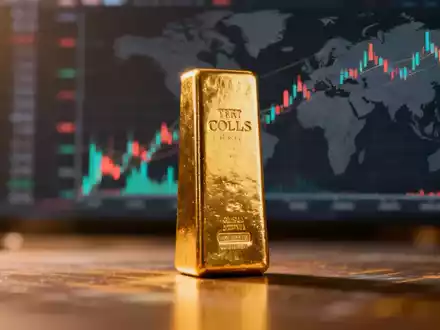 Ein glänzender Goldbarren vor einem verschwommenen Hintergrund aus Finanzdiagrammen und abstrakten Andeutungen von Konflikt und Inflation. - Foto: über boerse-global.de