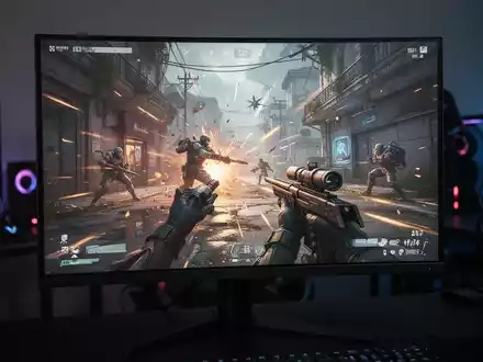 A close-up of a modern gaming monitor displaying a vibrant first-person shooter game, emphasizing its high-refresh-rate display. - Foto: über boerse-global.de