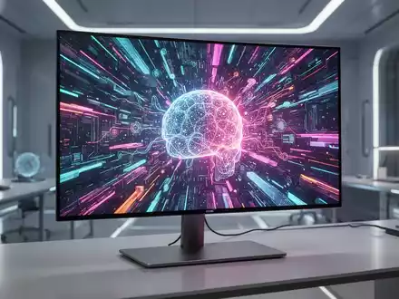 A close-up of a modern LG OLED PC monitor displaying bright, colorful graphics, set in a professional, high-tech environment. - Foto: über boerse-global.de