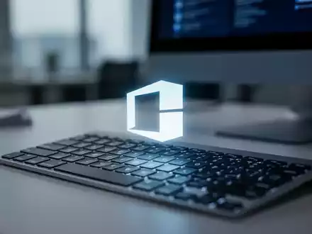 Close-up of a computer keyboard with a glowing Microsoft Office logo projected onto it, in a blurred office setting. - Foto: über boerse-global.de