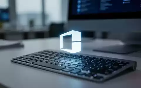 Close-up of a computer keyboard with a glowing Microsoft Office logo projected onto it, in a blurred office setting. - Foto: über boerse-global.de