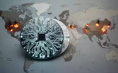 Ein stilisierter Siliziumwafer mit beleuchteten Schaltkreisen vor einer unscharfen Weltkarte mit geopolitischen Hotspots. - Foto: über boerse-global.de