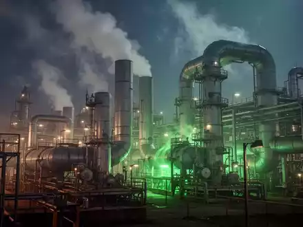 Eine Industrieanlage mit großen Rohren und Dampfaustritten, die von einem grünen Licht durchdrungen wird, das Energieeffizienz symbolisiert. - Foto: über boerse-global.de