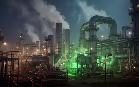 Eine Industrieanlage mit großen Rohren und Dampfaustritten, die von einem grünen Licht durchdrungen wird, das Energieeffizienz symbolisiert. - Foto: über boerse-global.de