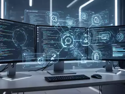 A futuristic multi-monitor computer setup with abstract code and utility interfaces, highlighted by cool blue and white lighting. - Foto: über boerse-global.de