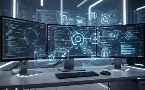 A futuristic multi-monitor computer setup with abstract code and utility interfaces, highlighted by cool blue and white lighting. - Foto: über boerse-global.de