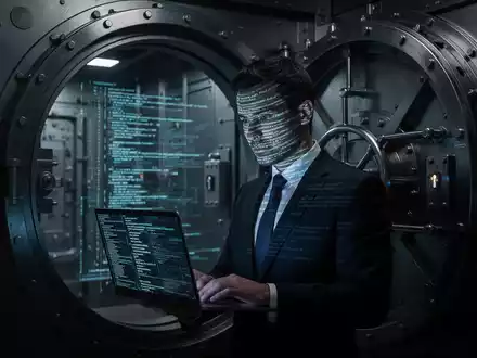 A shadowy figure in a suit uses a laptop in a dark bank vault, with code reflecting on their face, symbolizing financial fraud. - Foto: über boerse-global.de