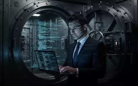 A shadowy figure in a suit uses a laptop in a dark bank vault, with code reflecting on their face, symbolizing financial fraud. - Foto: über boerse-global.de