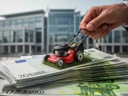 Eine Hand hält einen Miniatur-Rasenmäher, der Euro-Banknoten schneidet, mit einem verschwommenen Regierungsgebäude im Hintergrund. - Foto: über boerse-global.de