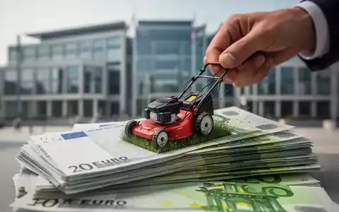 Eine Hand hält einen Miniatur-Rasenmäher, der Euro-Banknoten schneidet, mit einem verschwommenen Regierungsgebäude im Hintergrund. - Foto: über boerse-global.de