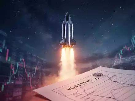 Eine futuristische Rakete startet in den Nachthimmel, mit abstrakten Wahldaten im Vordergrund. - Foto: über boerse-global.de