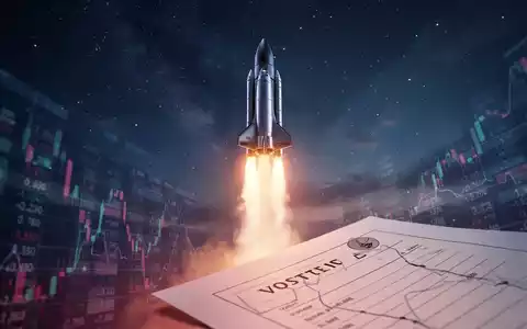 Eine futuristische Rakete startet in den Nachthimmel, mit abstrakten Wahldaten im Vordergrund. - Foto: über boerse-global.de