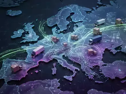 Eine stilisierte, beleuchtete Karte der Europäischen Union mit digitalen Datenströmen, die den grenzüberschreitenden Handel und Zollvorschriften symbolisieren. - Foto: über boerse-global.de