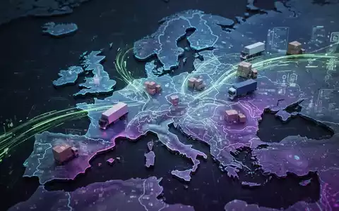 Eine stilisierte, beleuchtete Karte der Europäischen Union mit digitalen Datenströmen, die den grenzüberschreitenden Handel und Zollvorschriften symbolisieren. - Foto: über boerse-global.de