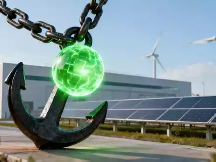 Ein starker Anker hält eine leuchtend grüne Energiesphäre vor dem Hintergrund einer modernen Anlage für erneuerbare Energien. - Foto: über boerse-global.de