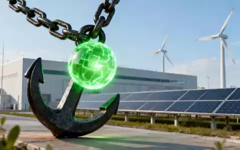 Ein starker Anker hält eine leuchtend grüne Energiesphäre vor dem Hintergrund einer modernen Anlage für erneuerbare Energien. - Foto: über boerse-global.de