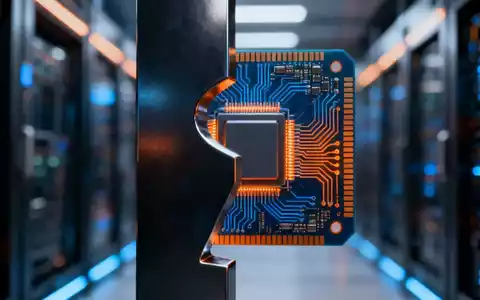 Ein beleuchteter Mikrochip, teilweise verdeckt von einer dunklen, abstrakten Form, vor einem verschwommenen Rechenzentrum. - Foto: über boerse-global.de