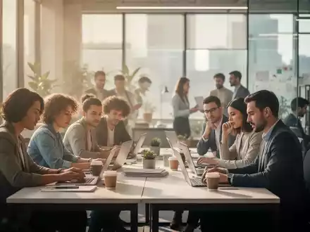Menschen arbeiten in einem modernen Büro, das Flexibilität und hybride Arbeitsmodelle symbolisiert, mit Fokus auf Work-Life-Balance. - Foto: über boerse-global.de