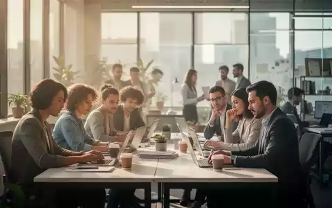 Menschen arbeiten in einem modernen BĂŒro, das FlexibilitĂ€t und hybride Arbeitsmodelle symbolisiert, mit Fokus auf Work-Life-Balance. - Foto: ĂŒber boerse-global.de