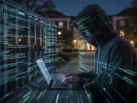 A shadowy figure in a hoodie typing on a laptop, surrounded by glowing lines of code, symbolizing a cyberattack. - Foto: über boerse-global.de