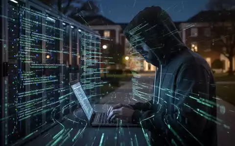 A shadowy figure in a hoodie typing on a laptop, surrounded by glowing lines of code, symbolizing a cyberattack. - Foto: über boerse-global.de