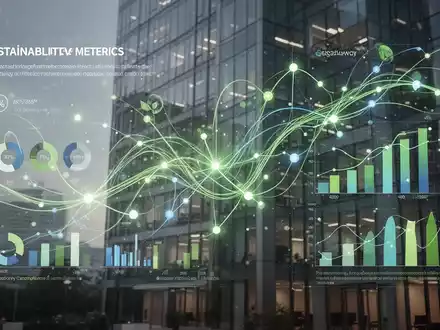 Eine stilisierte, leuchtende Infografik mit Datenpunkten und Verbindungslinien vor einem unscharfen Hintergrund eines modernen Bürogebäudes. - Foto: über boerse-global.de