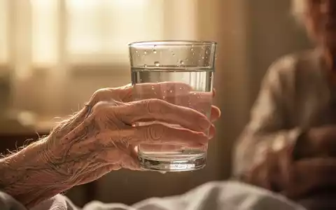 Eine alte, zerbrechliche Hand hält ein Glas Wasser. Der Hintergrund ist unscharf und warm, was die Hitze und die Notwendigkeit der Flüssigkeitszufuhr andeutet. - Foto: über boerse-global.de