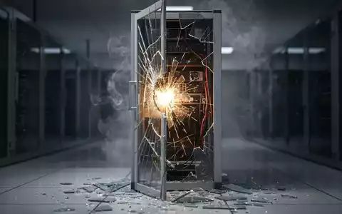 Ein zerbrochener Glas-Server-Rack mit Funken und Rauch, der einen massiven finanziellen Verlust im Technologiesektor symbolisiert. - Foto: über boerse-global.de