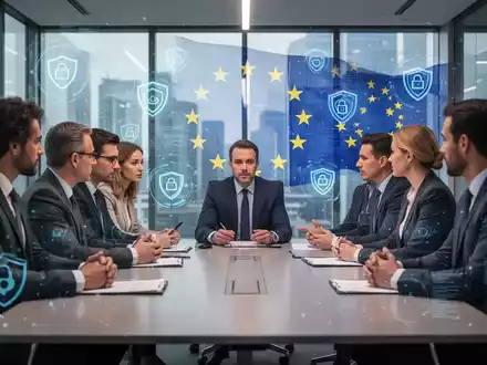 Geschäftsleute diskutieren in einem modernen Büro über Datenregulierung und Datenschutz, mit subtilen digitalen Überlagerungen von EU- und Datenschutzsymbolen. - Foto: über boerse-global.de