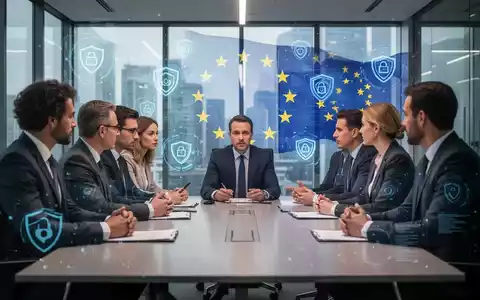 Geschäftsleute diskutieren in einem modernen Büro über Datenregulierung und Datenschutz, mit subtilen digitalen Überlagerungen von EU- und Datenschutzsymbolen. - Foto: über boerse-global.de
