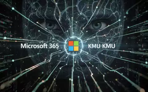 Abstrakte Darstellung digitaler Bedrohungen, die auf ein Netzwerk und Microsoft 365-Symbole abzielen, mit einem KI-Auge im Hintergrund. - Foto: über boerse-global.de