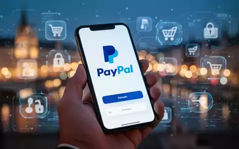 A hand holding a smartphone showing the PayPal logo on a payment screen, with blurred city lights in the background. - Foto: über boerse-global.de