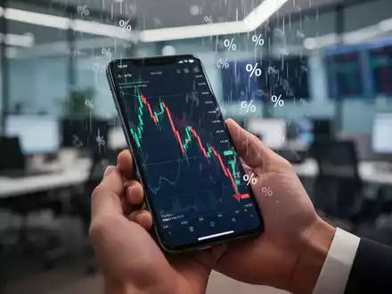 Eine Hand hält ein Smartphone mit einem fallenden Aktienchart und einer roten Minus-Prozentanzeige in einem Finanzbüro. - Foto: über boerse-global.de