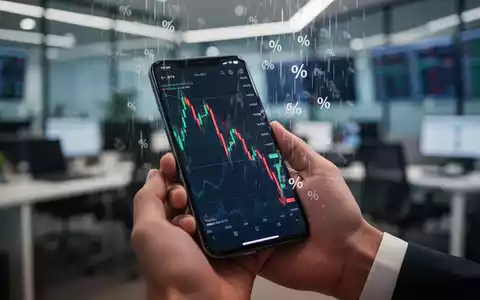 Eine Hand hält ein Smartphone mit einem fallenden Aktienchart und einer roten Minus-Prozentanzeige in einem Finanzbüro. - Foto: über boerse-global.de