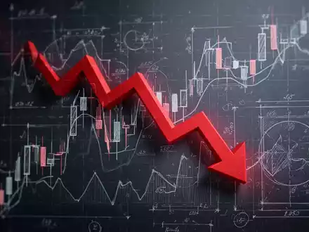 Ein stilisierter, roter Abwärtspfeil auf einem Diagramm, der einen starken Aktienkursrückgang nach einer Finanzierung symbolisiert. - Foto: über boerse-global.de