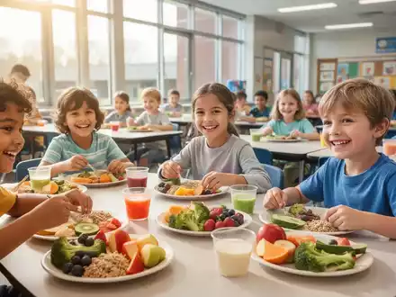 Kinder essen gesundes Mittagessen in einer modernen Schulkantine, mit Fokus auf frisches Obst und Gemüse auf den Tellern. - Foto: über boerse-global.de