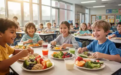 Kinder essen gesundes Mittagessen in einer modernen Schulkantine, mit Fokus auf frisches Obst und Gemüse auf den Tellern. - Foto: über boerse-global.de