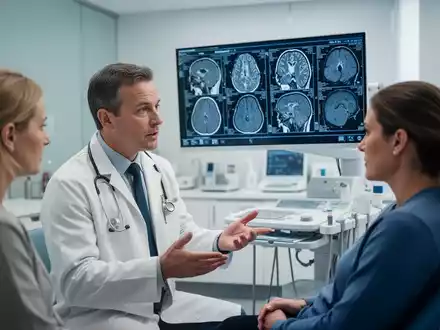 Eine Nahaufnahme eines Neurologen, der einem Patienten eine Gehirn-MRT-Aufnahme erklärt, mit medizinischer Ausrüstung im Hintergrund. - Foto: über boerse-global.de