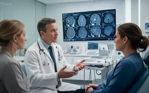 Eine Nahaufnahme eines Neurologen, der einem Patienten eine Gehirn-MRT-Aufnahme erklärt, mit medizinischer Ausrüstung im Hintergrund. - Foto: über boerse-global.de
