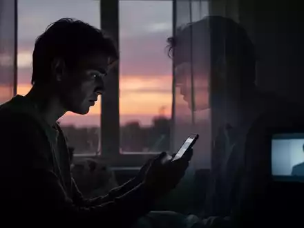 Eine Silhouette eines müden Menschen am Fenster im Morgengrauen, der auf ein Smartphone schaut, mit schwachem TV-Licht im Hintergrund. - Foto: über boerse-global.de