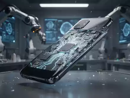 Ein futuristisches Smartphone, das sich selbst repariert, mit sichtbaren, leuchtenden internen Schaltkreisen und einer Hightech-Werkstatt im Hintergrund. - Foto: über boerse-global.de