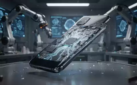 Ein futuristisches Smartphone, das sich selbst repariert, mit sichtbaren, leuchtenden internen Schaltkreisen und einer Hightech-Werkstatt im Hintergrund. - Foto: über boerse-global.de