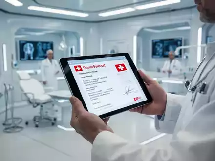 Ein Arzt hält ein Tablet mit einem elektronischen Rezept in einer modernen Arztpraxis. Fokus auf den Bildschirm mit medizinischen Symbolen. - Foto: über boerse-global.de