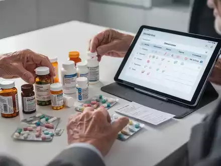 Ältere Hände sortieren Medikamentenflaschen neben einem Tablet, das einen digitalen Medikationsplan anzeigt. - Foto: über boerse-global.de